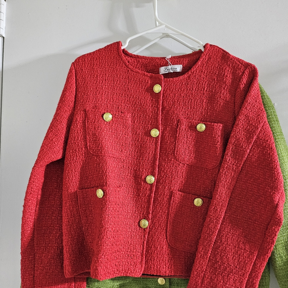 Red Textured Blazer with Gold Buttons